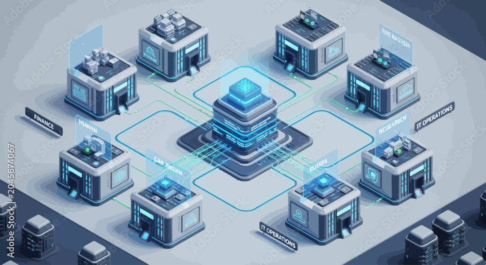 Fototapeta premium Futuristic server room with interconnected data centers and network infrastructure.