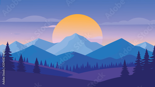 Canvas Print Vibrant sunset over layered blue mountains with pine trees and clouds vector ill