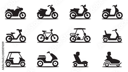 Foto Black silhouette vehicle set featuring various motorcycles scooters and bicycle variants