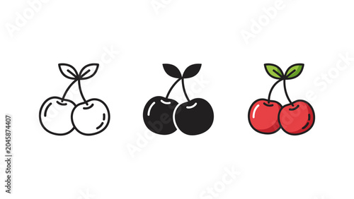 Fotografie Fresh cherry fruit pair icon set in line silhouette color styles with illustrati