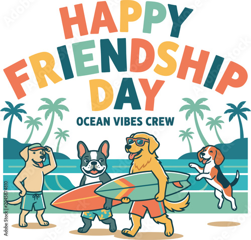 Happy Friendship Day ocean vibes crew with dogs surfing beach scene
