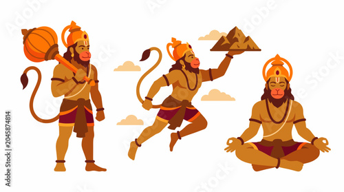 Illustrations of Hanuman, the Hindu deity, in various poses demonstrating strength, devotion, and meditation, set against a neutral background