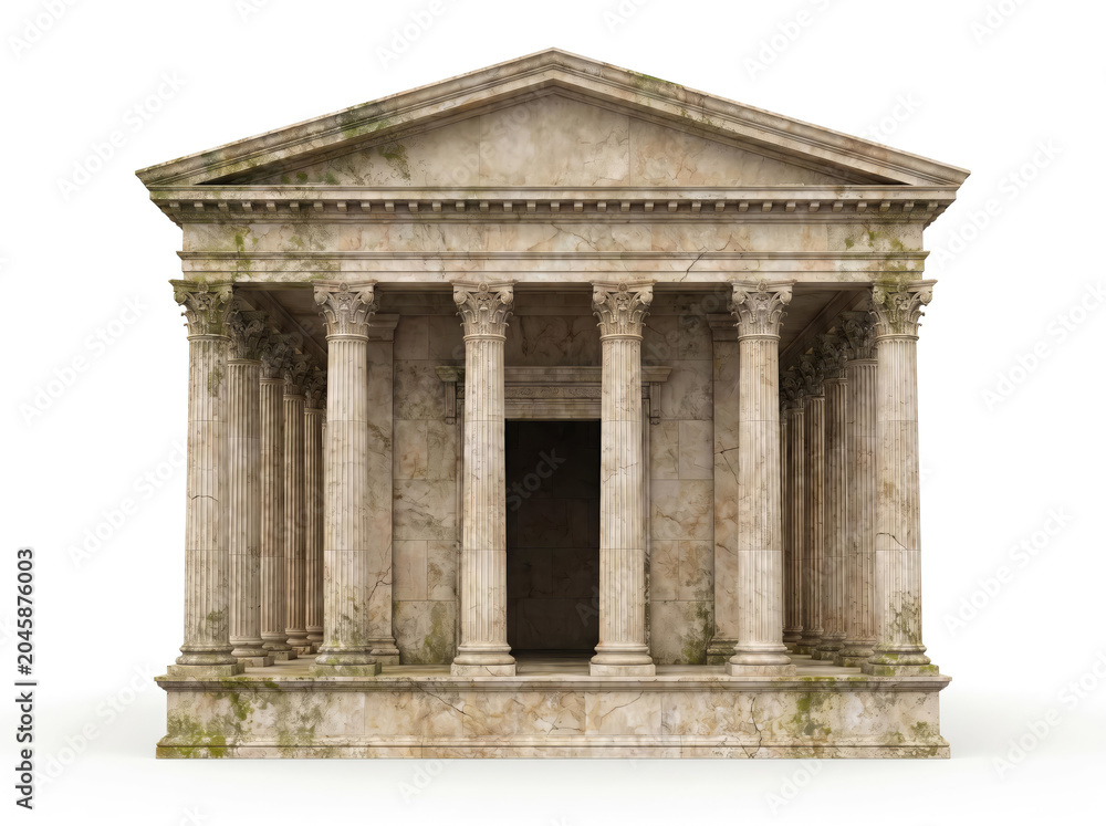 Obraz premium Ancient Weathered Marble Temple With Corinthian Columns And Moss, Historical Architecture Asset For Educational Illustrations And Mythology Projects