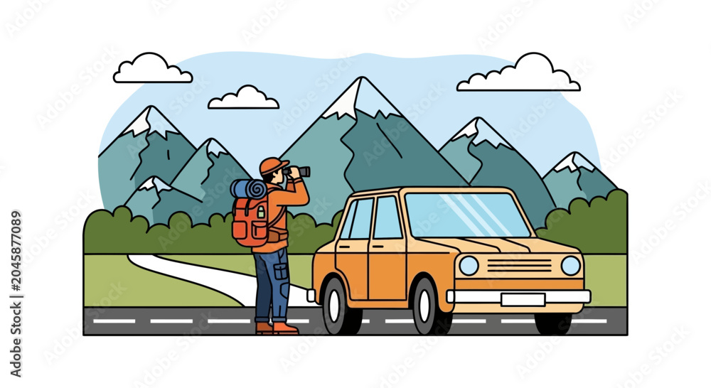 Obraz premium Traveler with backpack and camera near car with mountains landscape background