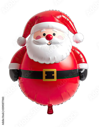 A cheerful Santa Claus balloon floats against a black background.