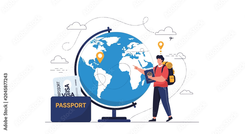 Naklejka premium Traveler with Passport and Globe, Planning Global Adventure and International Journey