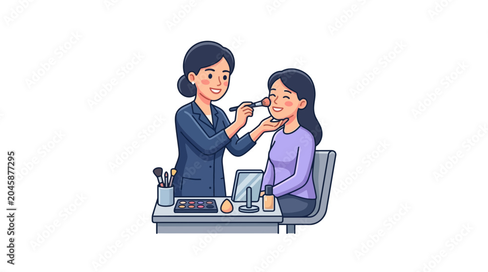 Obraz premium Makeup artist applying blush to smiling woman's cheek, beauty salon concept