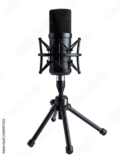 A professional black condenser microphone is mounted on a black tripod stand.