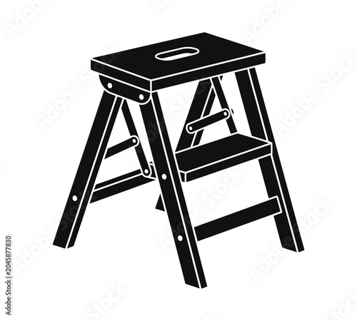 Simple black graphic illustration of a two-step folding stool, commonly used for household tasks, offering a convenient boost for various activities