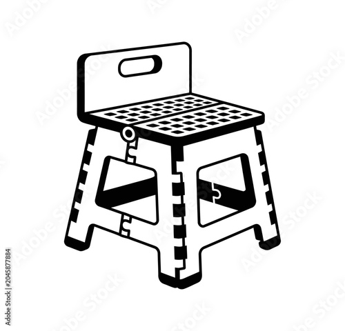 Black and white vector icon of a compact foldable step stool. Essential for household tasks, reaching elevated areas, and providing portable utility and efficient storage
