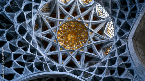 Mosque muqarnas honeycomb ceiling dome interior looking upward, stalactite plaster cell geometry, geometric stellate pattern interlocking, Mamluk heritage stucco, gilded cell apex, Fatimid architect