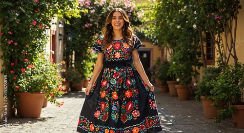 Happy smiling woman wearing traditional Mexican dress with floral embroidery. Young Latina model standing in colorful, sunlit village alley in summer