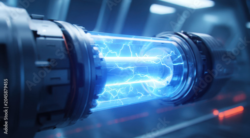 Electric motor with blue electricity in futuristic machine