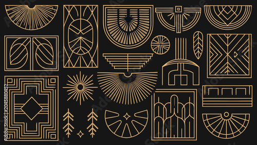 Geometric Shapes And Lines Golden Vector Illustration On Black Background