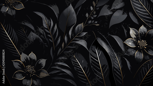 Tableau sur toile Floral ornament with golden accents dark botanical vector illustration