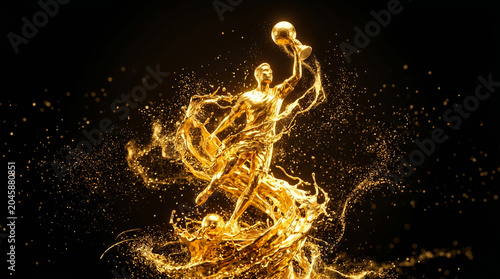 Golden metallic soccer player statue holding a trophy aloft surrounded by dynamic swirling liquid gold splashes creating an elegant artistic masterpiece against a deep black background