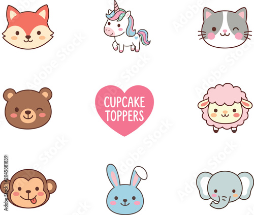 Photography Cute animal cupcake toppers vector collection featuring smiling cartoon faces of