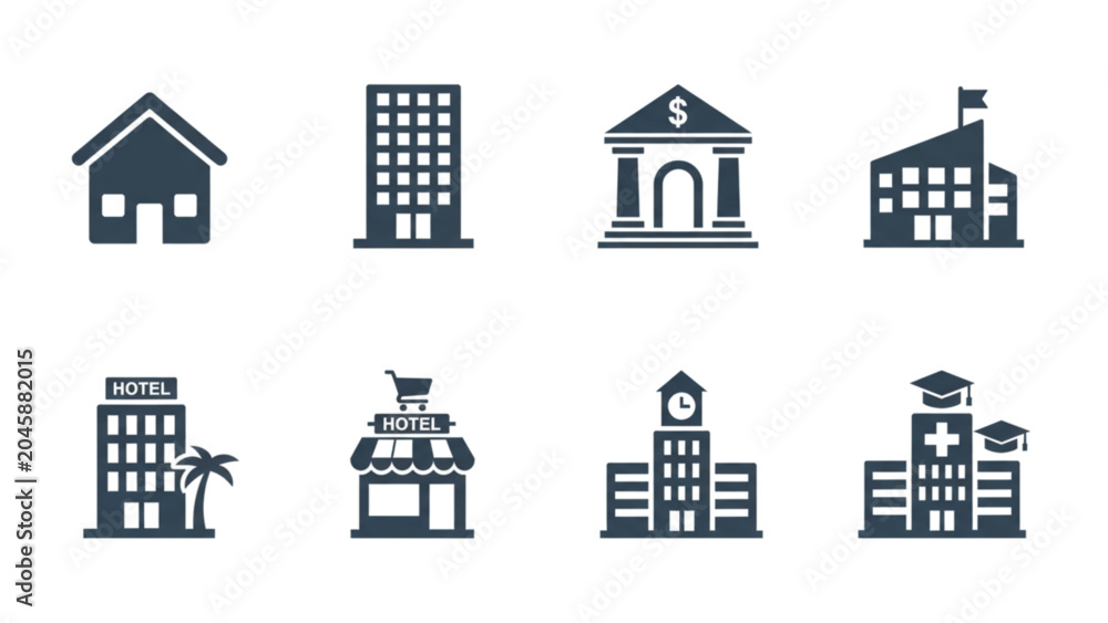 Fototapeta premium Real estate and public city buildings solid glyph icon set including bank hospital school hotel shop house vector illustration