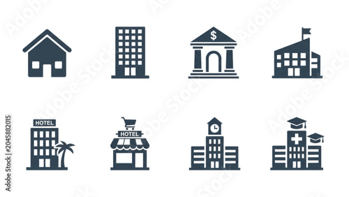Foto Real estate and public city buildings solid glyph icon set including bank hospit