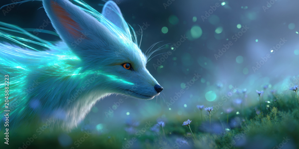 Naklejka premium Fantasy fox spirit in glowing meadow, ethereal digital art with soft blue light and magical bokeh