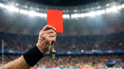 Soccer referee hand holding red card in stadium, football official showing penalty card during match, sports competition foul and ejection concept