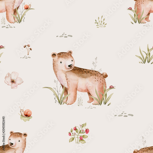 Watercolor seamless pattern with cute baby bear and woodland nursery for children with stump and acorn forest drawing with floral elements