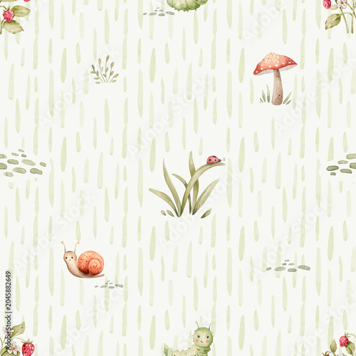 Whimsical Woodland Pattern with charming and delicate seamless pattern featuring soft color mushrooms, sprigs of foliage, and tiny berries, creating a whimsical woodland scene