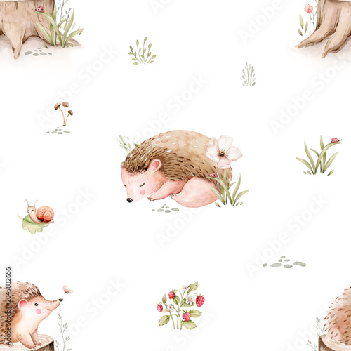 Watercolor seamless pattern of cute sleeping baby hedgehog animal. Woodland nursery illustration for children wallpaper, textile and fabric pattern. watercolour forest drawing