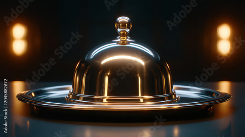 Serving dome on tray in dark dining setting with warm reflection and elegant still life mood