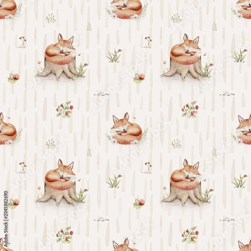 Watercolor seamless pattern of cute sleeping baby fox animal. Woodland nursery deer illustration for children wallpaper, textile and fabric pattern. watercolour forest drawing