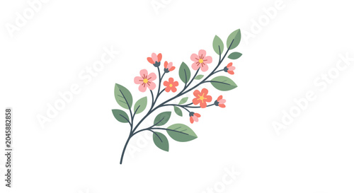 Obraz na płótnie Delicate Pink Blossom Branch with Green Leaves on White Background