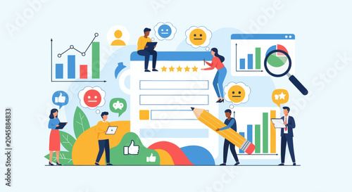 Diverse individuals analyze data and provide feedback on a digital platform