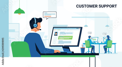 Customer service representatives working in a modern office environment