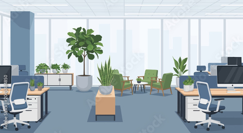 A modern office interior with workstations and seating areas