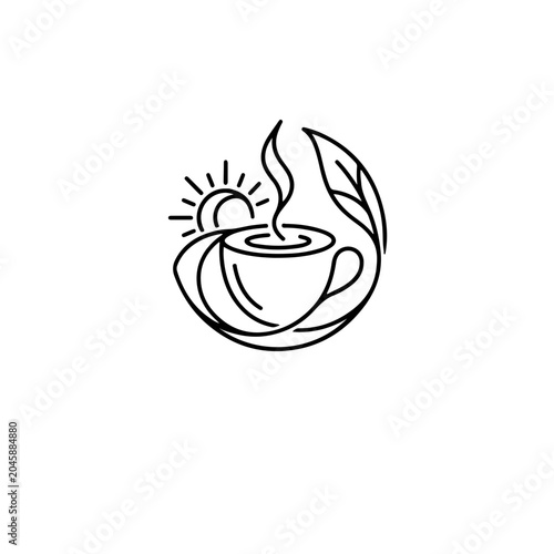 Minimalist line art logo featuring a steaming cup of coffee or tea with a sun and leaf motif