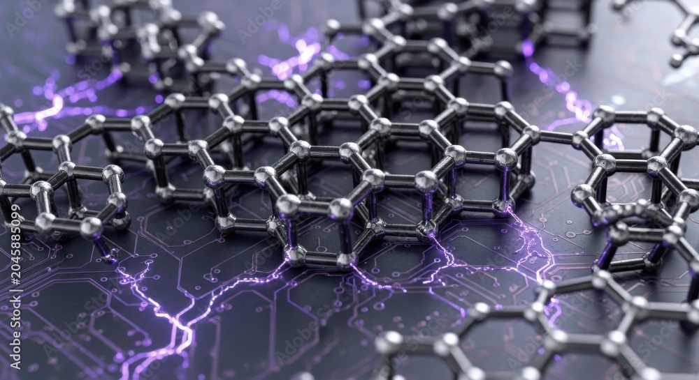 Fototapeta premium Graphene, hexagonal lattice, nano material, technology background, purple lightning
