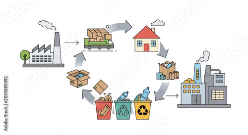 A circular economy diagram showing production, consumption and recycling processes