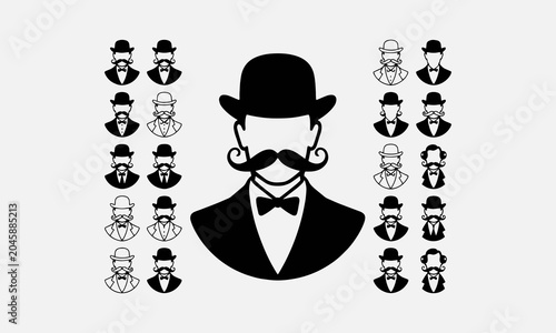 Vászonkép Vintage silhouette of bowler hat, curly mustaches, suit and tie Funny carnival d