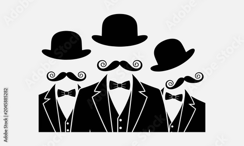 Obraz na plátně Vintage silhouette of bowler hat, curly mustaches, suit and tie Funny carnival d