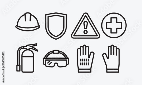 Work Safety web icons in line style. Protection, risk management, workplace security, insurance, health, hazard, helmet