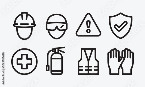 Work Safety web icons in line style. Protection, risk management, workplace security, insurance, health, hazard, helmet