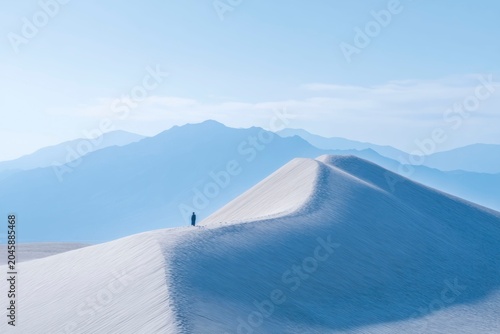 a lone figure standing on the top of sand dunes, gazing at distant mountains under a clear blue sky