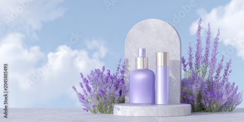 a luxurious purple skincare brand, with an arch surrounded by clouds and lavender plants in the background