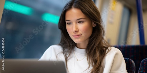 a young woman works on her laptop, surrounded by modern technology and urban energy.