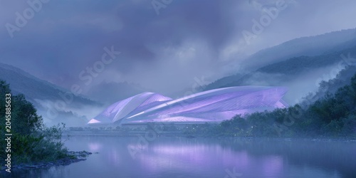 an architectural exterior rendering of a purple futuristic stadium, with moody lighting, misty and foggy weather.