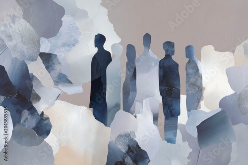 an abstract composition of different shades and forms of beige, white, gray, and navy blue paint swatches on the wall