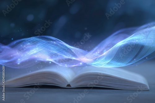 an open book with glowing blue, wavy lines coming out of it, representing the power to create new storylines and change history. the background is dark and blurry.
