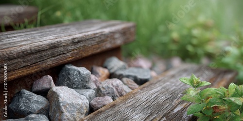 close-up of old wooden planks used as steps on an abandoned railway, with a detailed texture of wood and rough stones.