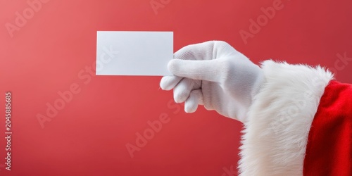 close-up of santa claus's hand in a white glove holding an empty business card against a red background.