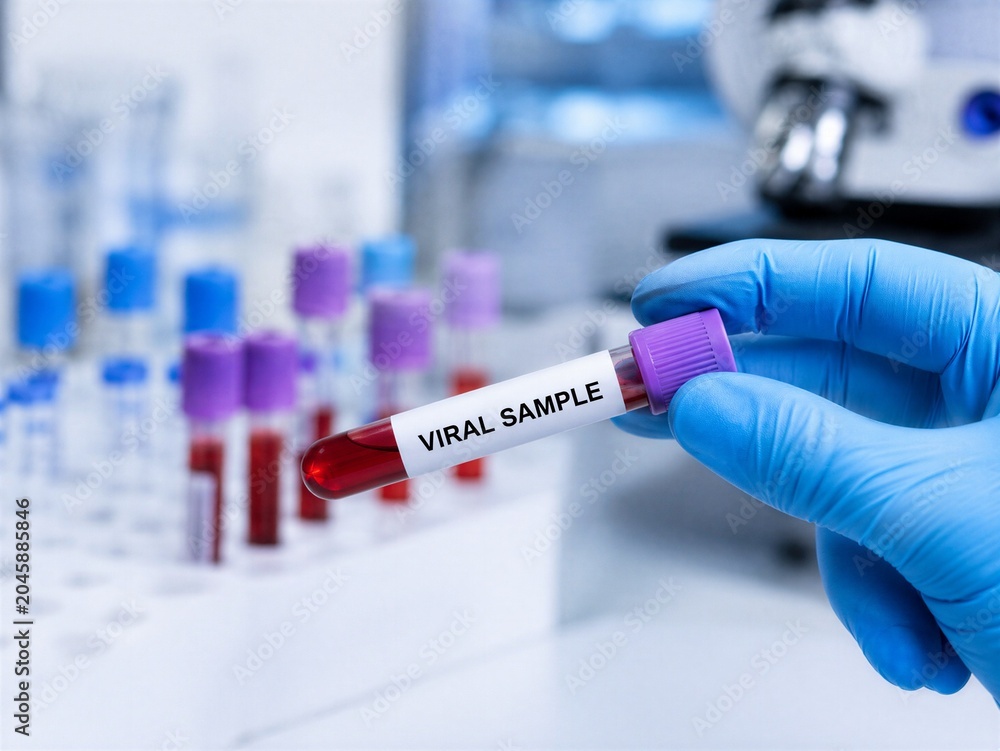 Naklejka premium Scientist holding test tube with viral sample in laboratory. Medical professional analyzing red blood collected for disease diagnosis. Researching global outbreak, pandemic and health crisis.
